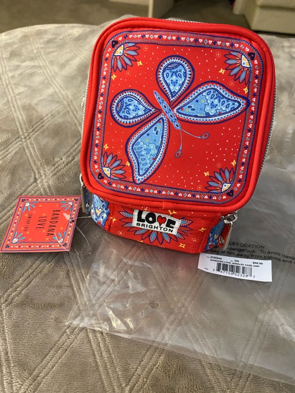 Brighton Red jewelry Case with Blue Paisley Butterfly 6 small zippered pouches